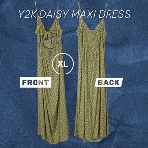 Y2K Daisy Print Maxi Dress in Olive